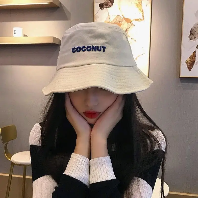 

Bucket Hats Women Letter Coconut Embroidered Fisherman Hat Korean Style Solid Outdoor Sunscreen Bucket Hat Panama Sun Hat Girls