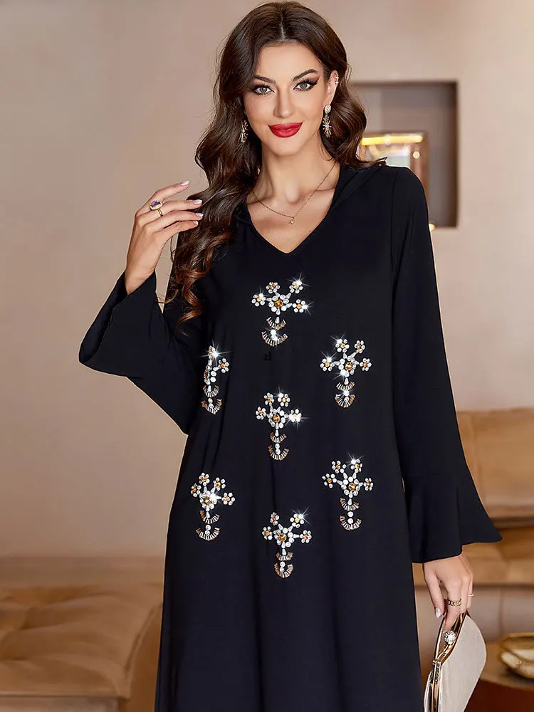 Djellaba Black Abaya Women Handsewn Embroidery Arabian Party Gown Muslim Long Dress Moroccan Hooded Kaftan Islam Clothes