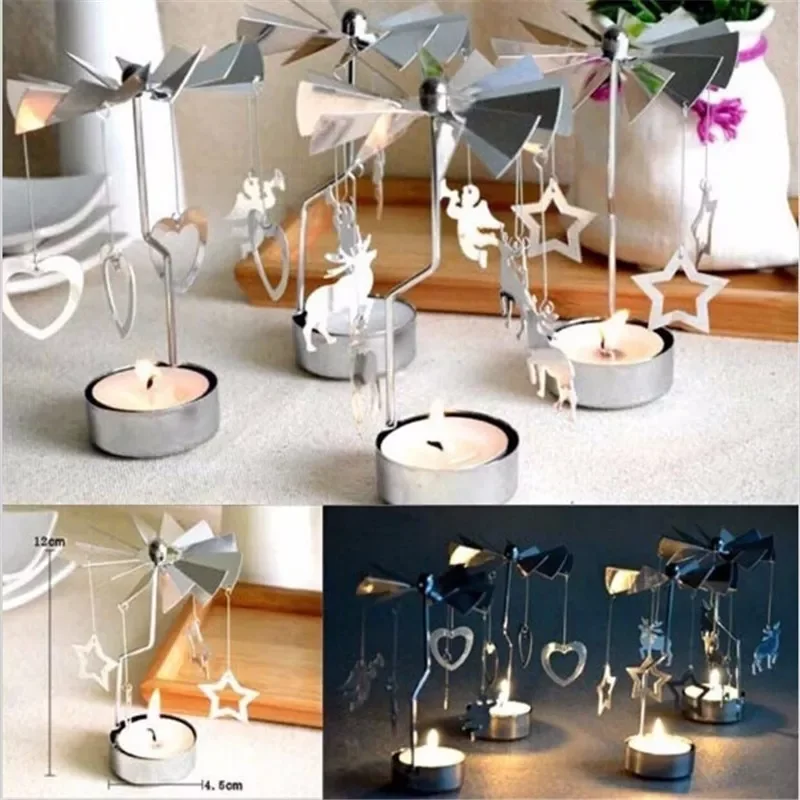 

Spinning Rotary Metal Carousel Tea Light Candle Holder Stand Light Xmas Gift Candelabra Christmas Decorations for Home