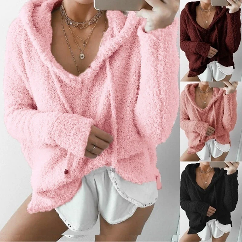 

Женский зимний модный однотонный Пушистый кардиган, пуловер с длинным рукавом, свободный свитер с манжетами и капюшоном, топы