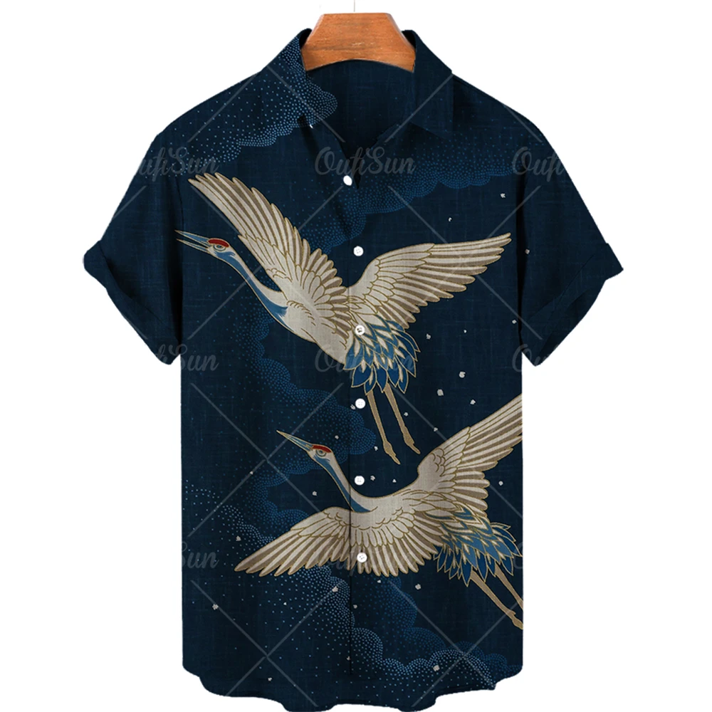 

2022 New 3D Crane Print Shirt Men One Button Lapel Summer Hawaiian Shirt Beach Top + 5XL