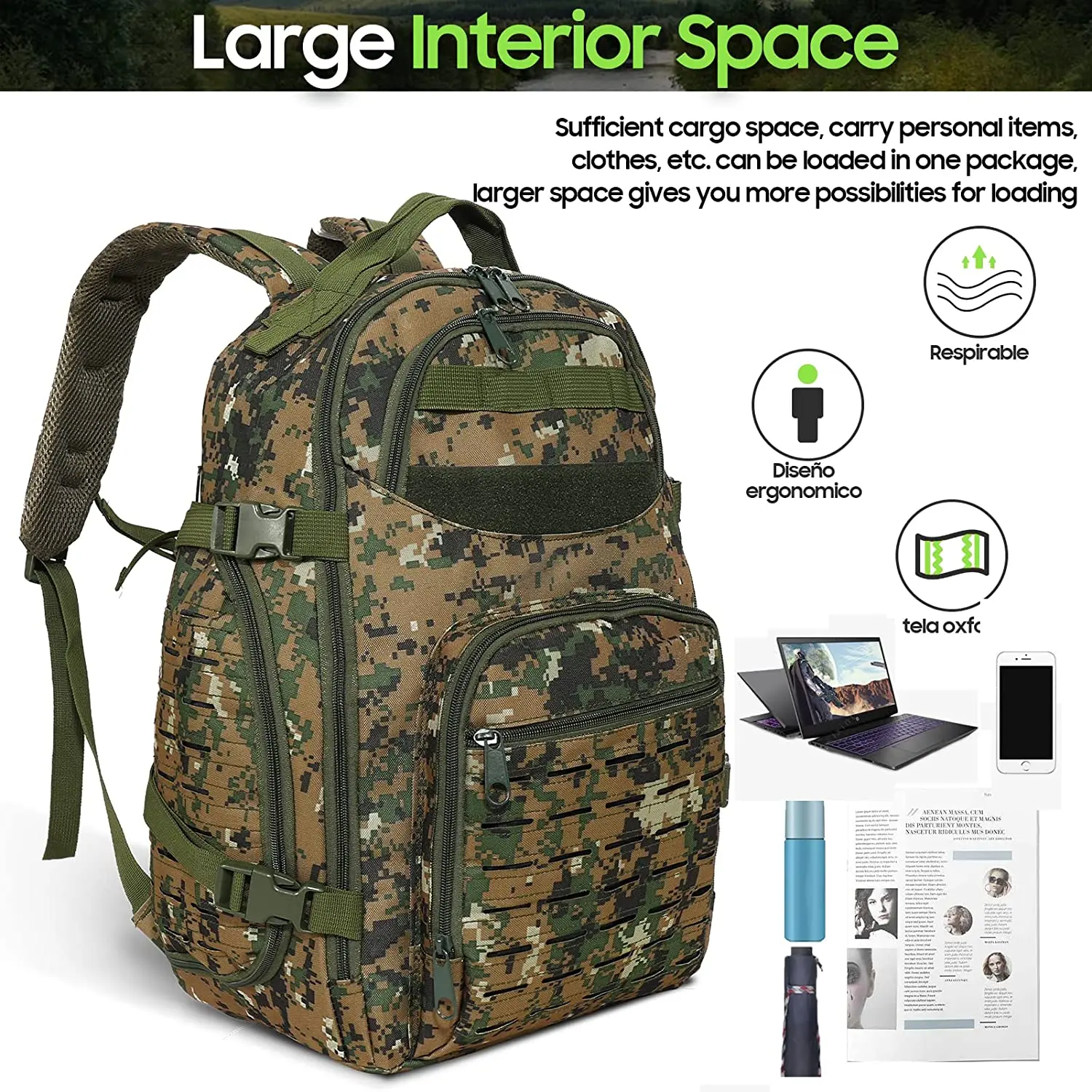 TONGJM Tactical Backpack Military MOLLE Backpack Lightweight Mountaineering Bag Unisex Hunting Camping Trekking (Jungle digital)