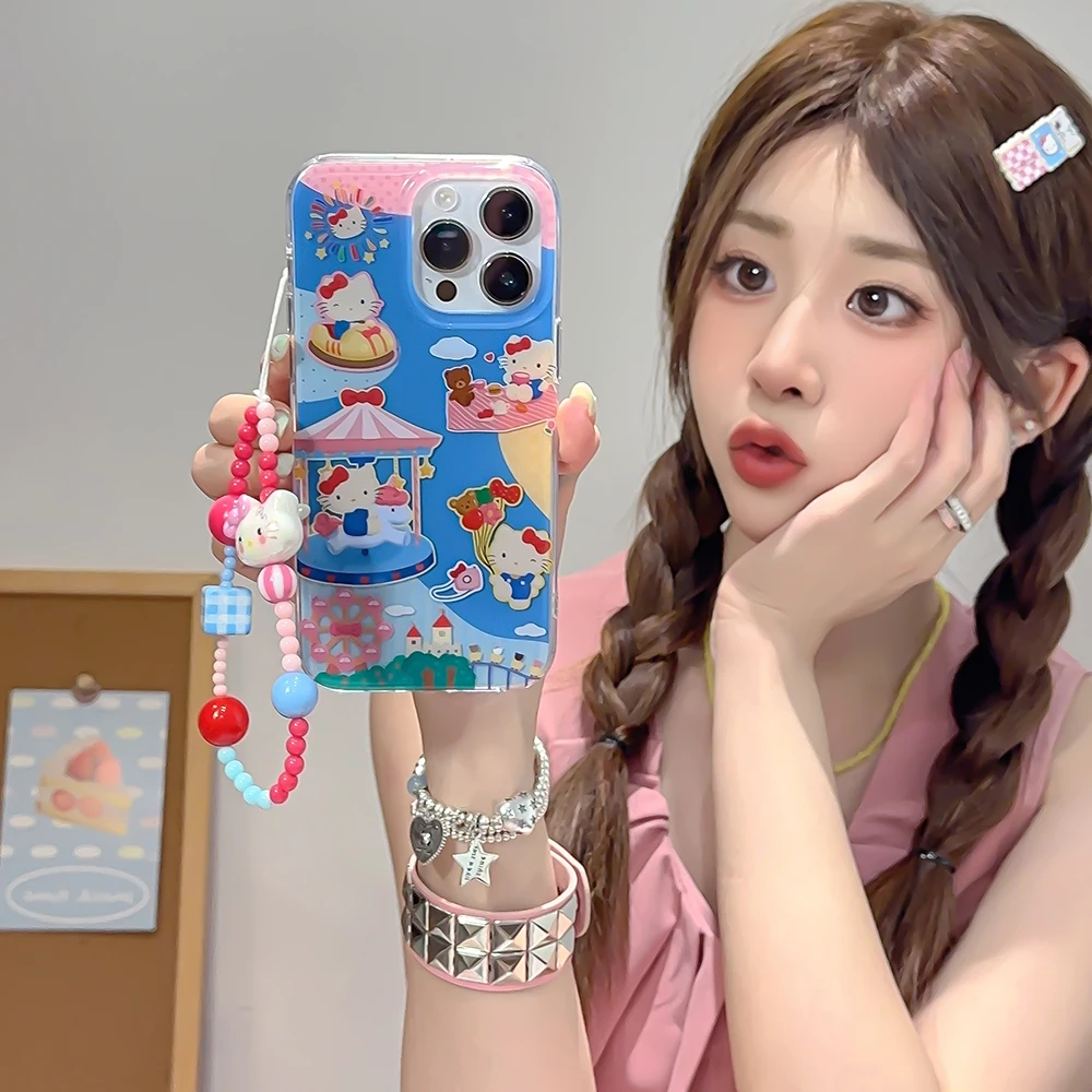 Чехол для IPhone 16 15 14 13 12 Pro Max с рисунком Hello kitty и шнурком