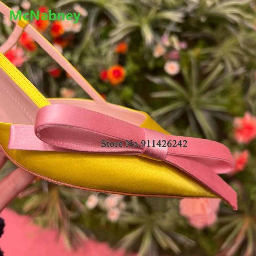 Yellow Silks And Satins Pink Butterfly-knot Pumps For Female Women 2023 New Slingback Buckle Strap Pointed Toe Kitten Heel Shoes