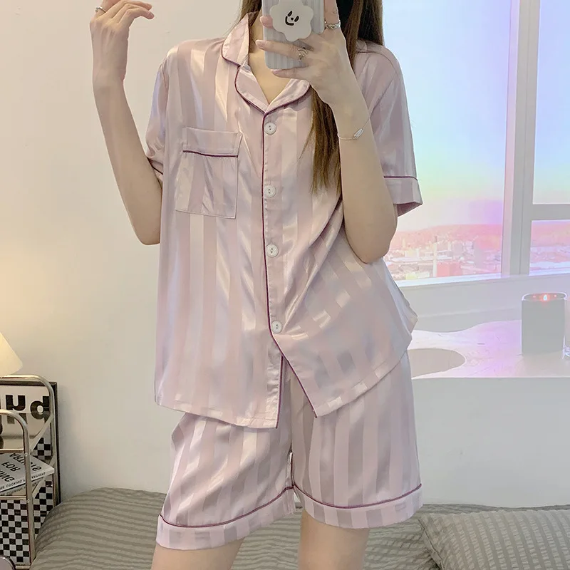 2023 new ice silk nightdress short sleeve+shorts two piece women pajamas set summer sleepwear imitation home clothes