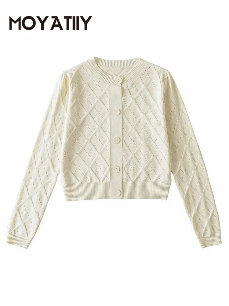 

MOYATIIY Women Fashion Cardigan Buttons Vintage Jumper Hollow Beige Sweaters Female Knitted Cardigans Outwear