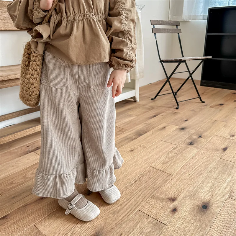 

Autumn New Clothes Girl Baby Ribbed Loose Boot Cut Children Loose Solid Simple Casual Wide Leg Pants Kid Cotton Fashion Trousers