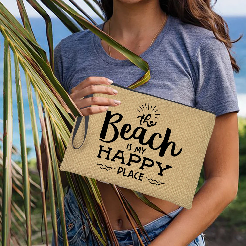 

Женский льняной клатч The Beach Is My Happy Place, сумка для макияжа, дорожный органайзер для солнцезащитных очков, для пляжа, летнего отдыха