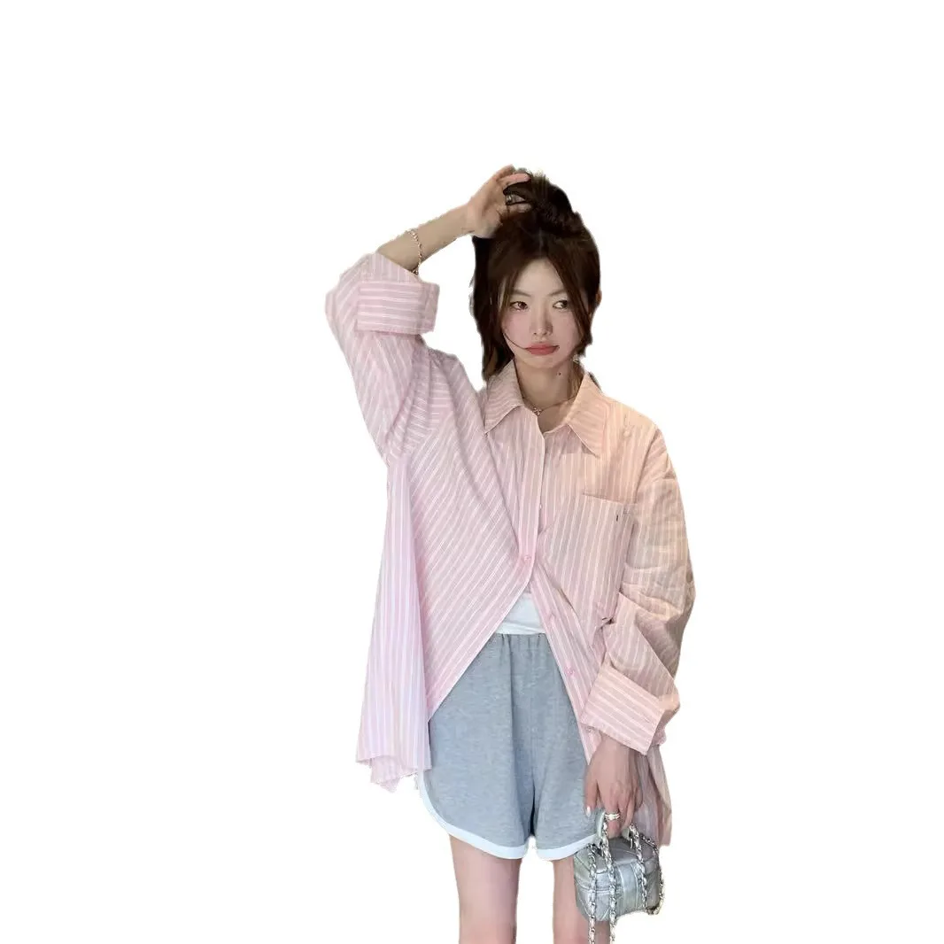 Рубашка женская средней длины в полоску милая блузка Корейском стиле свободная