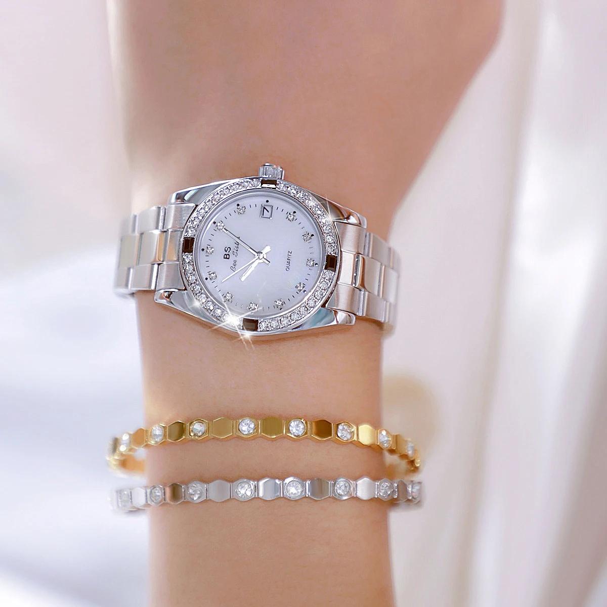 BS Women Watches Luxury Brand Gold Stainless Steel Watch For Women Green Dial Crystal Diamond Watch Female Quartz Wristwatches