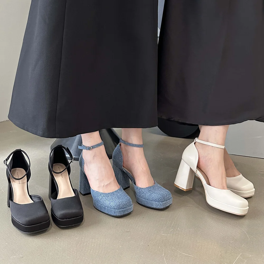 

2023 New High Heels for Women Square Toe Luxury Sandals Thick Sole Mary Jane Shoes Blue Denim Women's Thick Heel Pumps