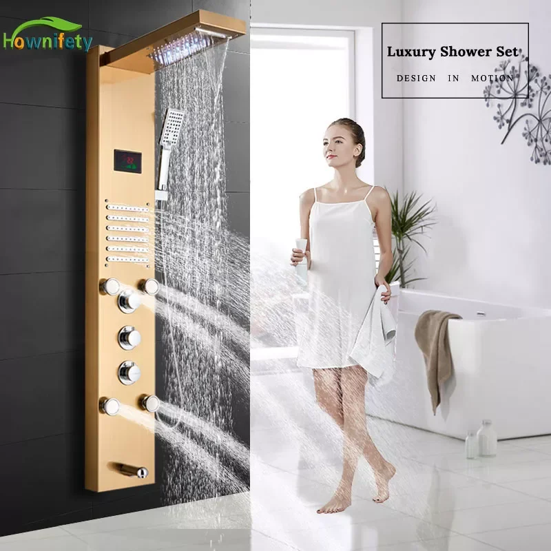 

Luxury Gold Brushed orb Shower Column Faucet Led Light Bathroom Bath Shower System SPA Massage Sprayer Temperature Screen Show
