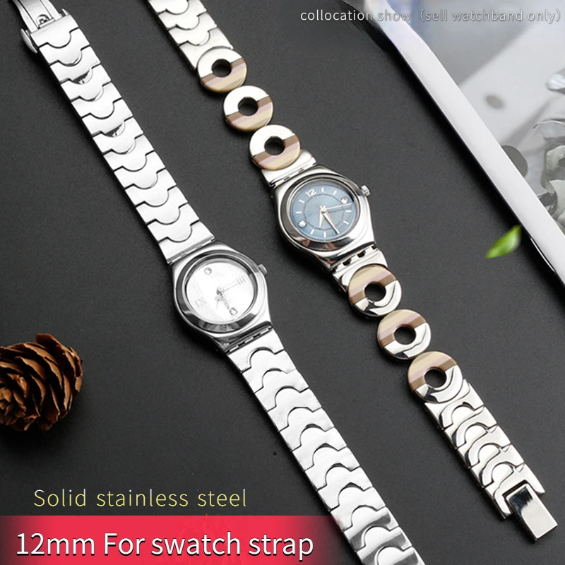 

12mm Folding clasp Strap watch chain For Swatch watchband women's stainless steel metal Wrist strap silver bracelet accessories