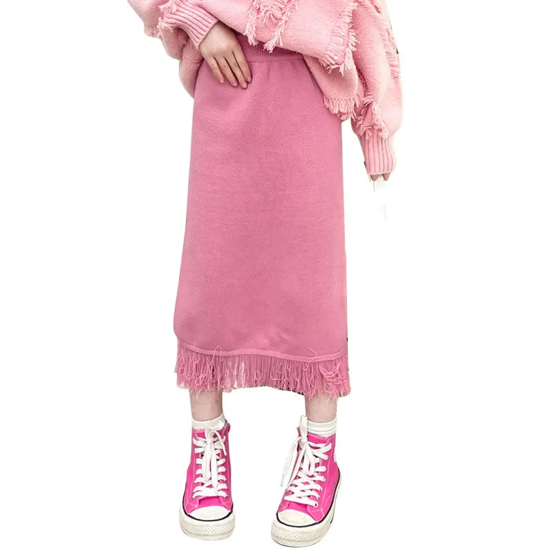

Elegant Girls Fashion Knitwear Skirt Black Pink New Arrival Tassel Midiskirt Spring Autumn Children Clothes 5 7 9 11 13 14Years