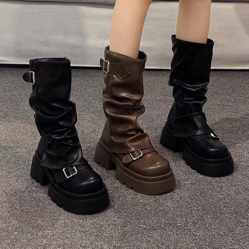 Модные женские мотоциклетные ботинки обувь на плоской платформе зимние
