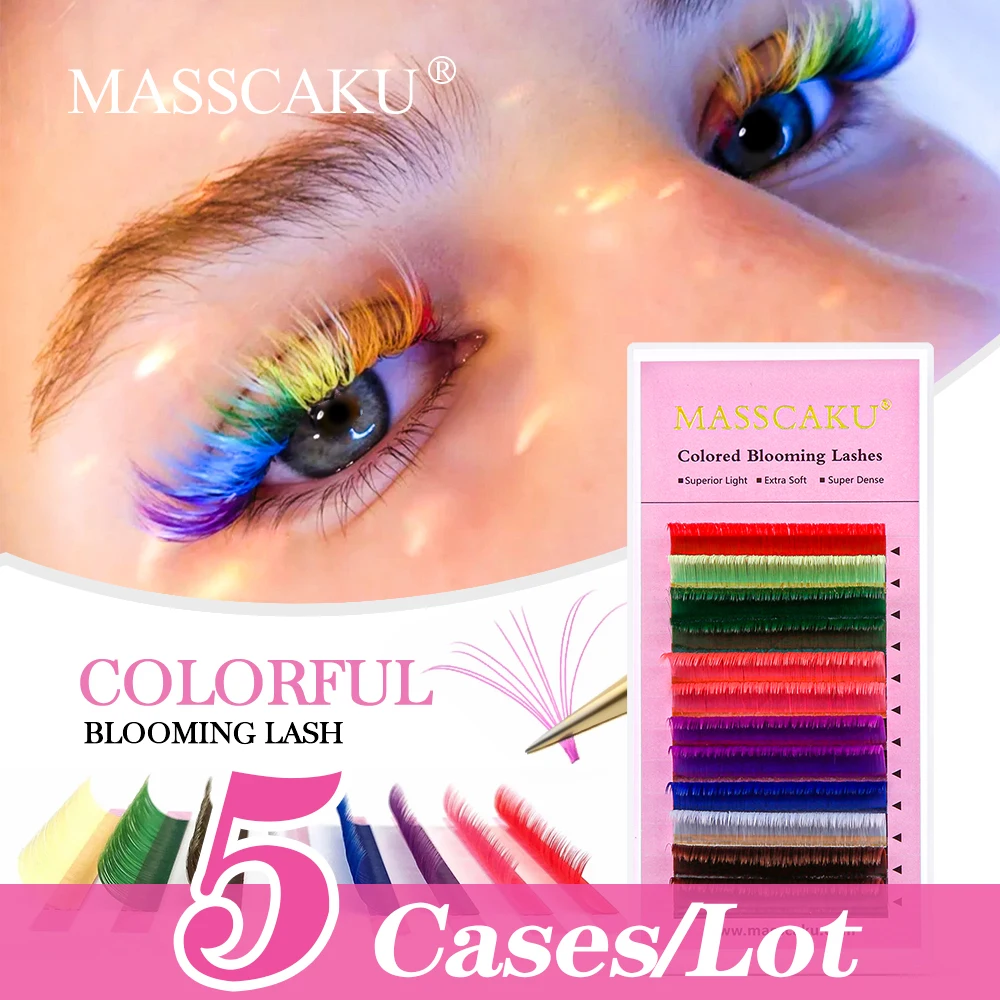 

5case/lot MASSCAKU Mixed Color Auto Fanning Eyelash Extensions Russian Volume Blooming Lashes Colored Mink Individual Eyelashes