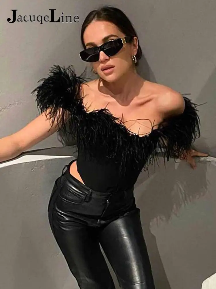 

JacuqeLine 2022 Sexy Off Shoulder Y2K Feathers Corset Top Women Summer Sleeveless Elegant Lady Camis Tube Crop Top Club Party