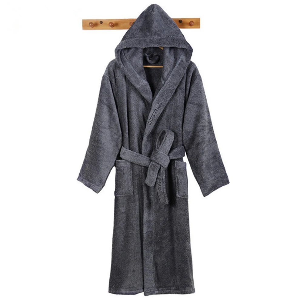 New Men Bathrobe Luxury Long Winter Men's Hooded Robe Warm Bathrobe Thick Bath Robe Soft Grid Towel Fleece Thermal Dressing Gown
