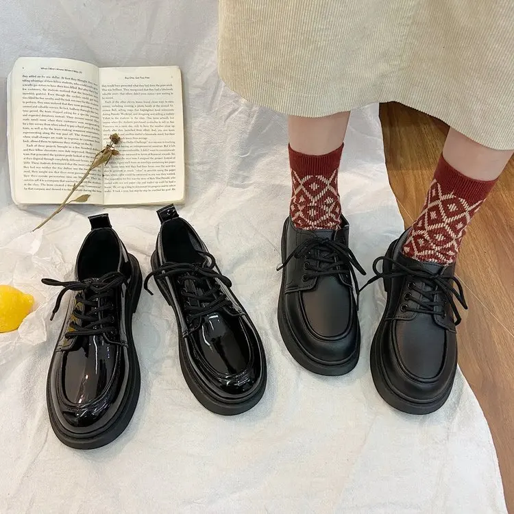 

Summer Shoes Ladies Oxfords Women's Casual Female Sneakers Round Toe Flats British Style 2022 Leather Dress Black New Preppy Bas