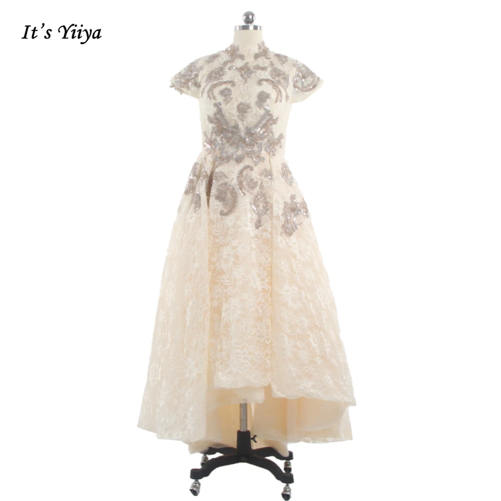 

It's Yiiya Champagne Evening Dress High Lace A-Line Short Sleeves Ruched Floor-Length Plus size Woman Formal Party Gowns A1593