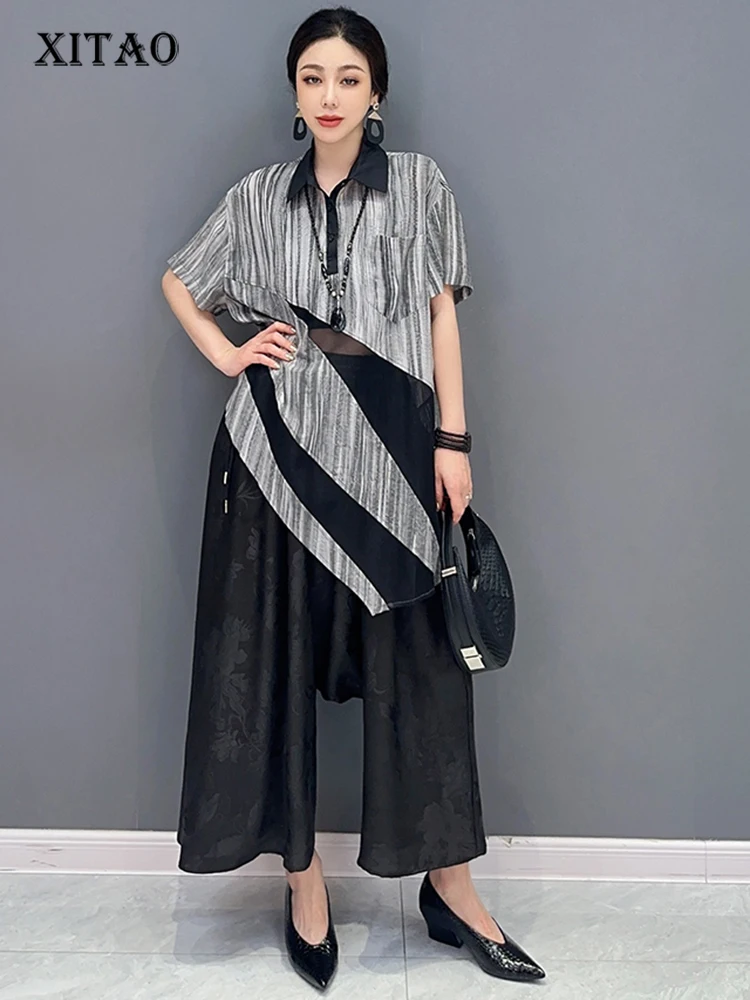 

XITAO Свободная Повседневная рубашка с коротким рукавом и отложным воротником в стиле пэчворк, 2023, Женский Универсальный пуловер, Топ DMJ1582