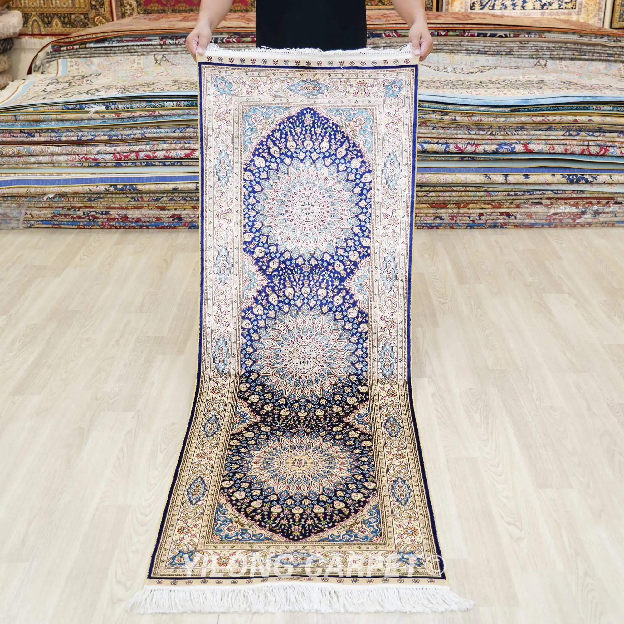 

Шелковый Восточный коврик 2 'x 6', синий персидский коврик ручной работы с узлом (TJ434A)