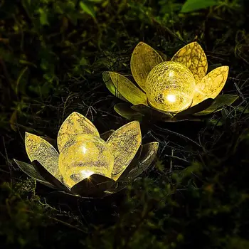 Solar Crackle Glass Globe Lights LED Lotus Flower Decor Solar Garden Light IP44 Waterproof Metal Flower Outdoor Landscape Lights 3