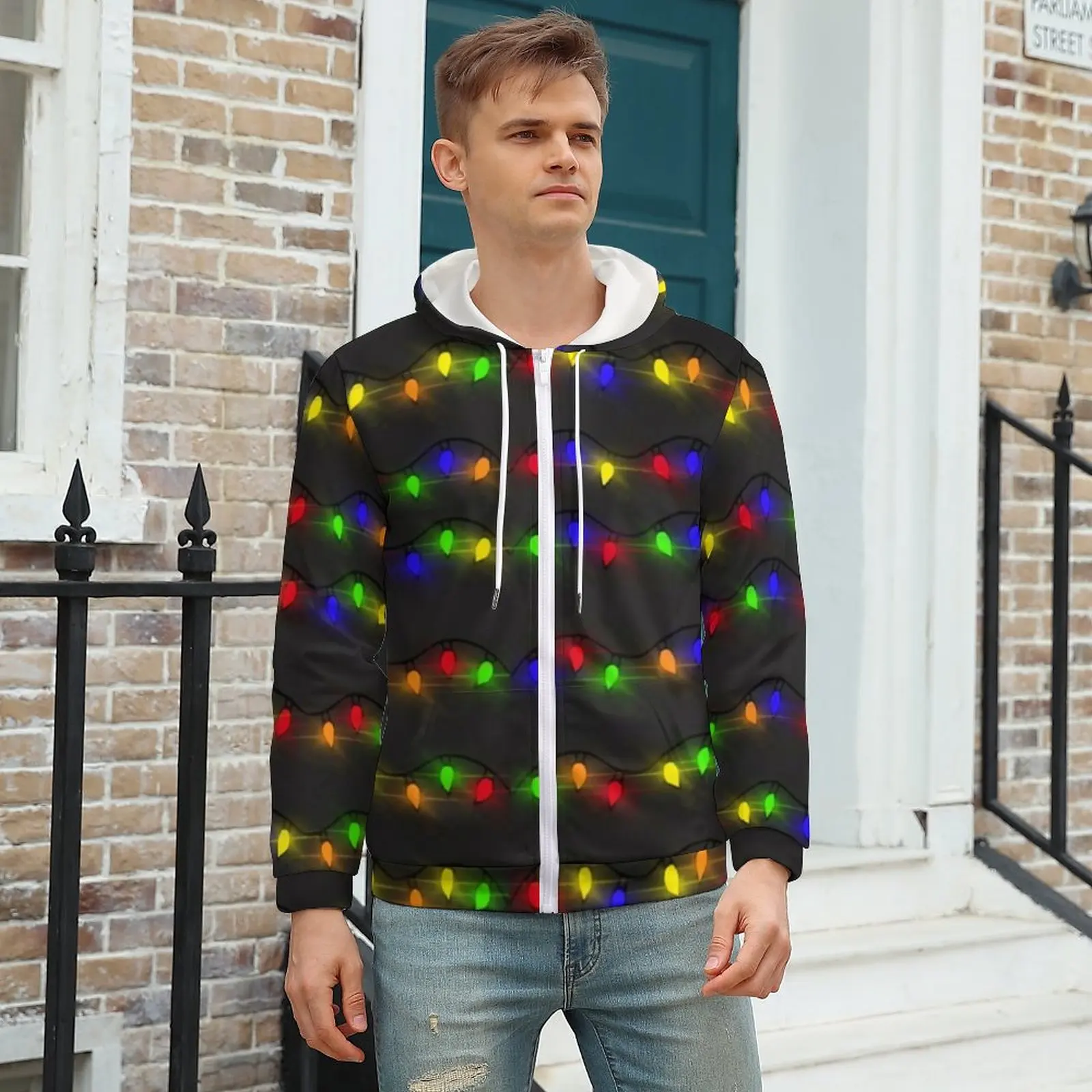 

Christmas Lights Hoodies Colorful Print Aesthetic Zipper Hoodie Unisex Long Sleeve Oversized Street Fashion Graphic Tops