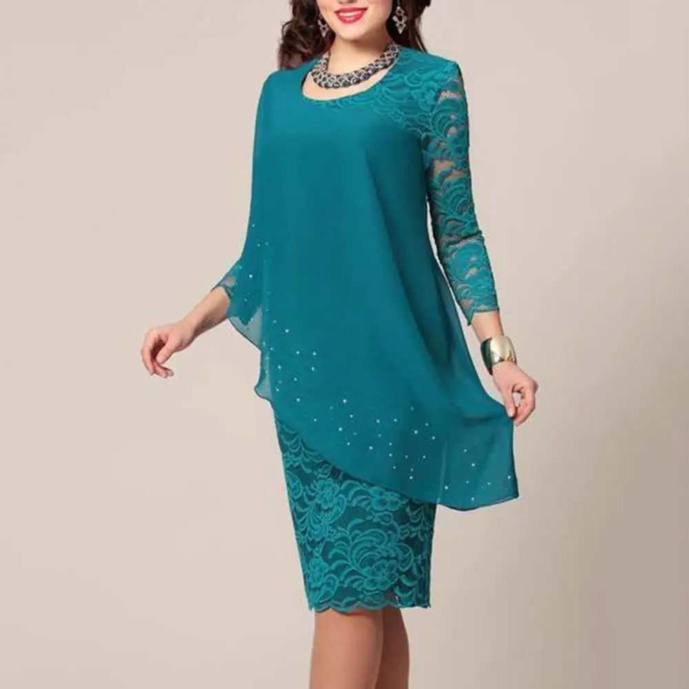 

Plus Size Solid Color Women Double Layer 3/4 Sleeve Round Neck Bodyon Midi Dress