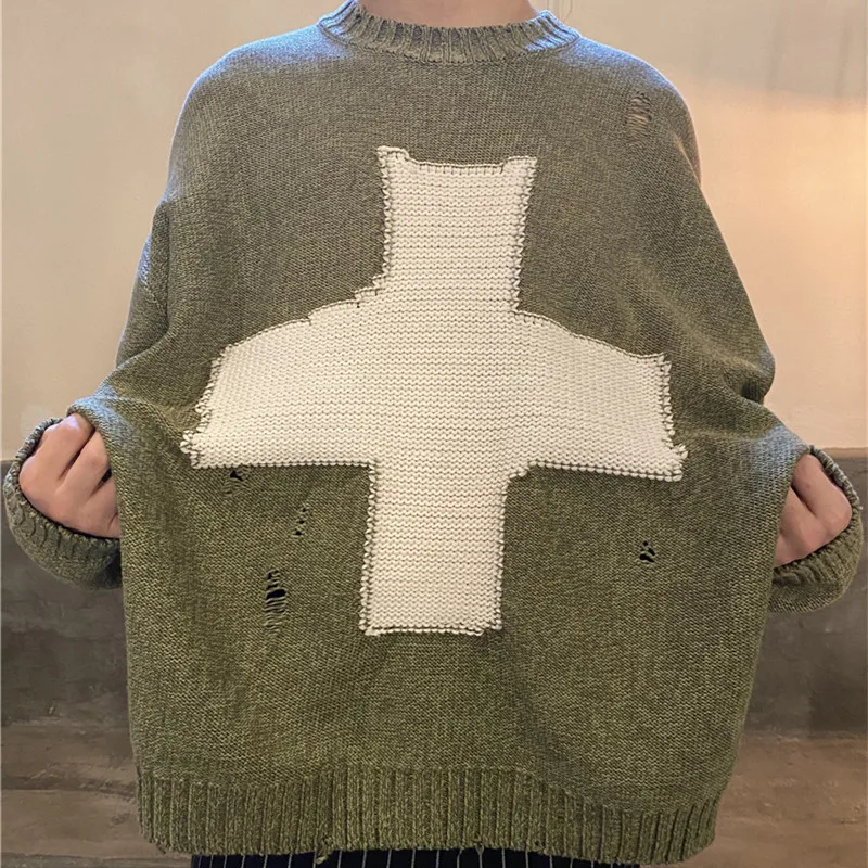 KAPITAL 21AW Cross Hole Hole Pullovers Sweater Round Neck Long Sleeved Sweater For Men And Women