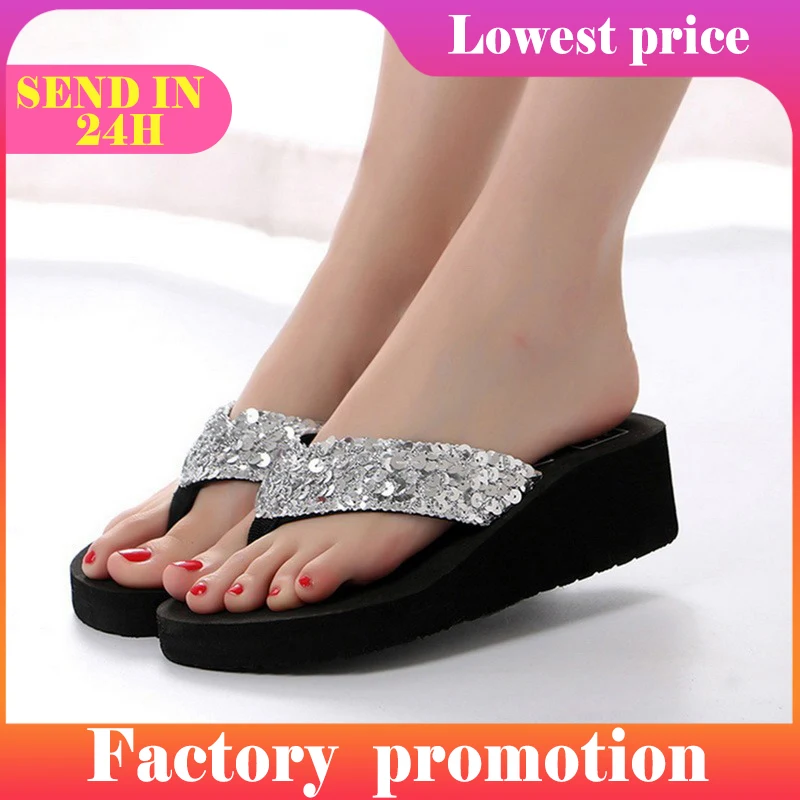 

Сандалии женские пляжные на платформе, шлепанцы с блестками, танкетка на высоком каблуке, лето 2023