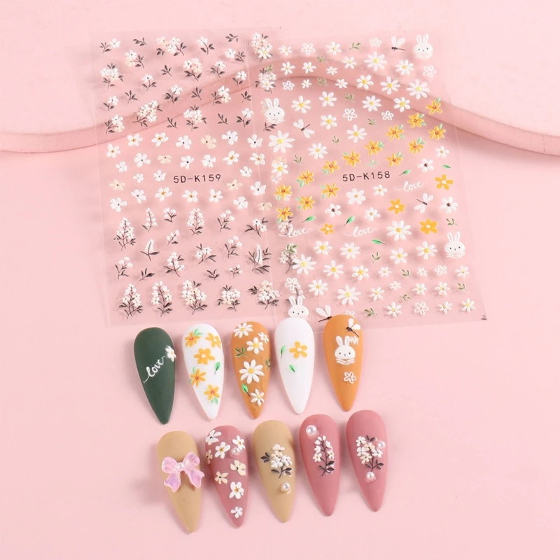 

3sheets Embossed Flower Daisy Nail Decals Self Adhesive Nail Art Stickers Drop Shipping
