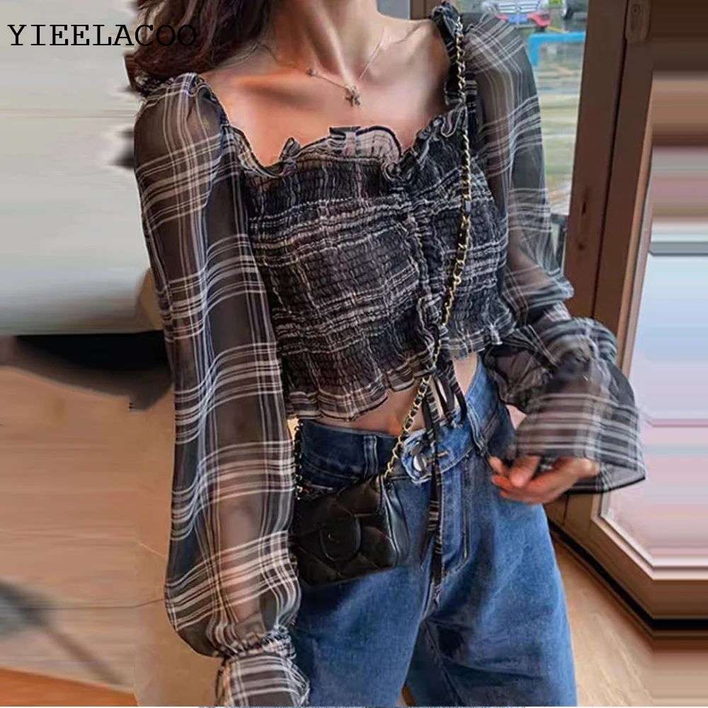 

New Style Top Long-sleeved Spring / Summer Shirt Drop Shoulder Collar 2022 Ruffle Black Check Chiffon Women's Blouse Pink