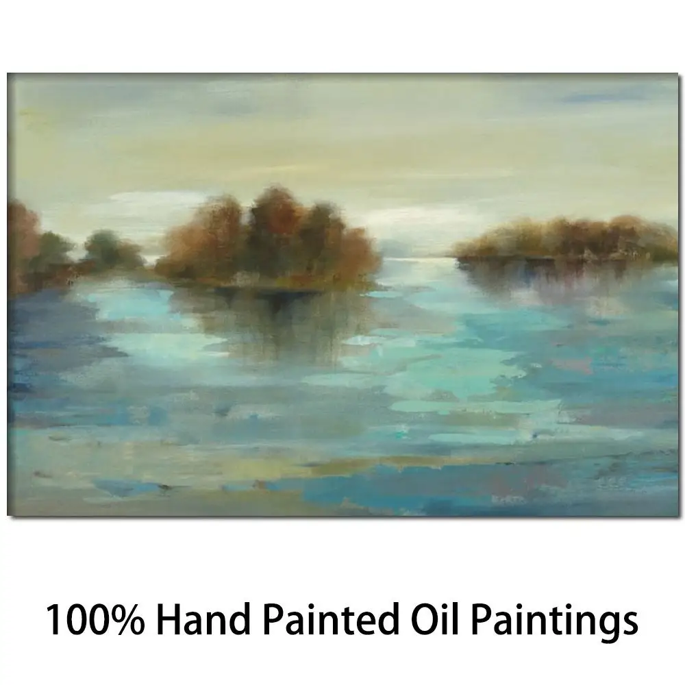 

Handmade Abstract Oil Painting Landscape Serenity On the River Modern Blue Canvas Art Beautiful Scenery Artwork Home Decoration