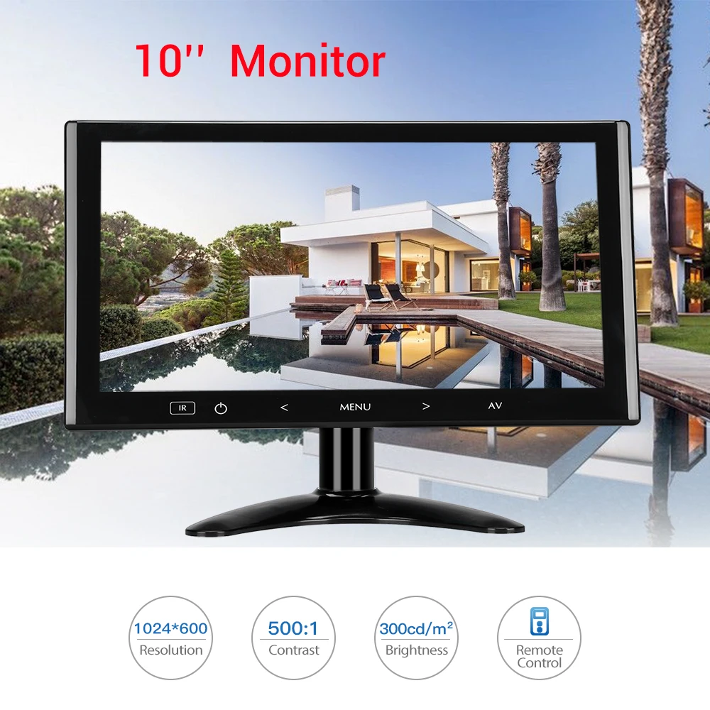 10-дюймовый ЖК-монитор HDMI 140 ° для CC TV Car Office Home Security VGA с пультом дистанционного