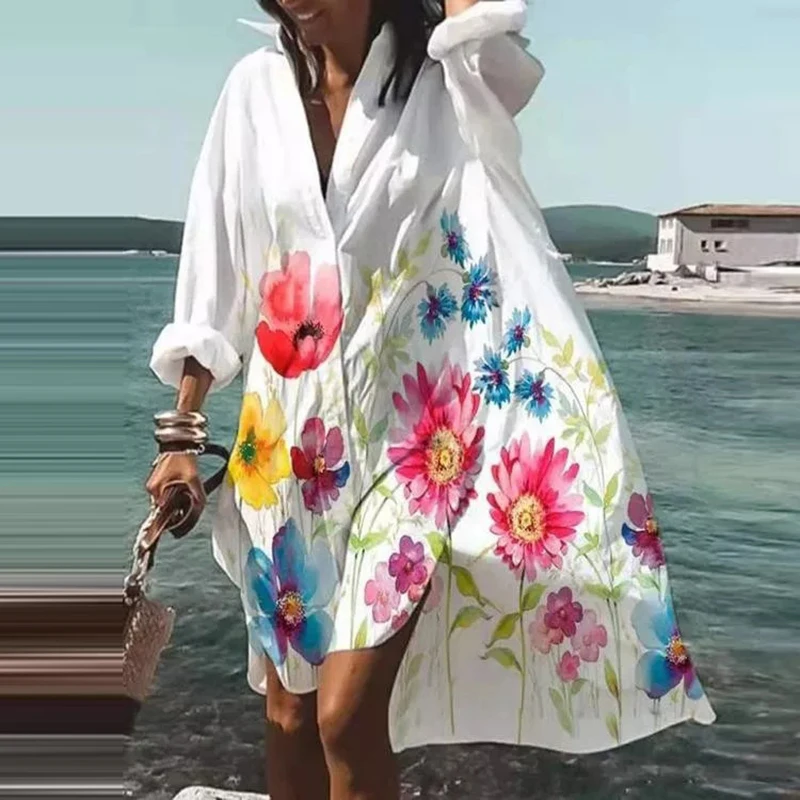 

Casual Printed Lapel Long Sleeve Buttons Irregular Dress Beach Sexy Party Dresses Autumn Summer Fashion Women's New Shirts Dress