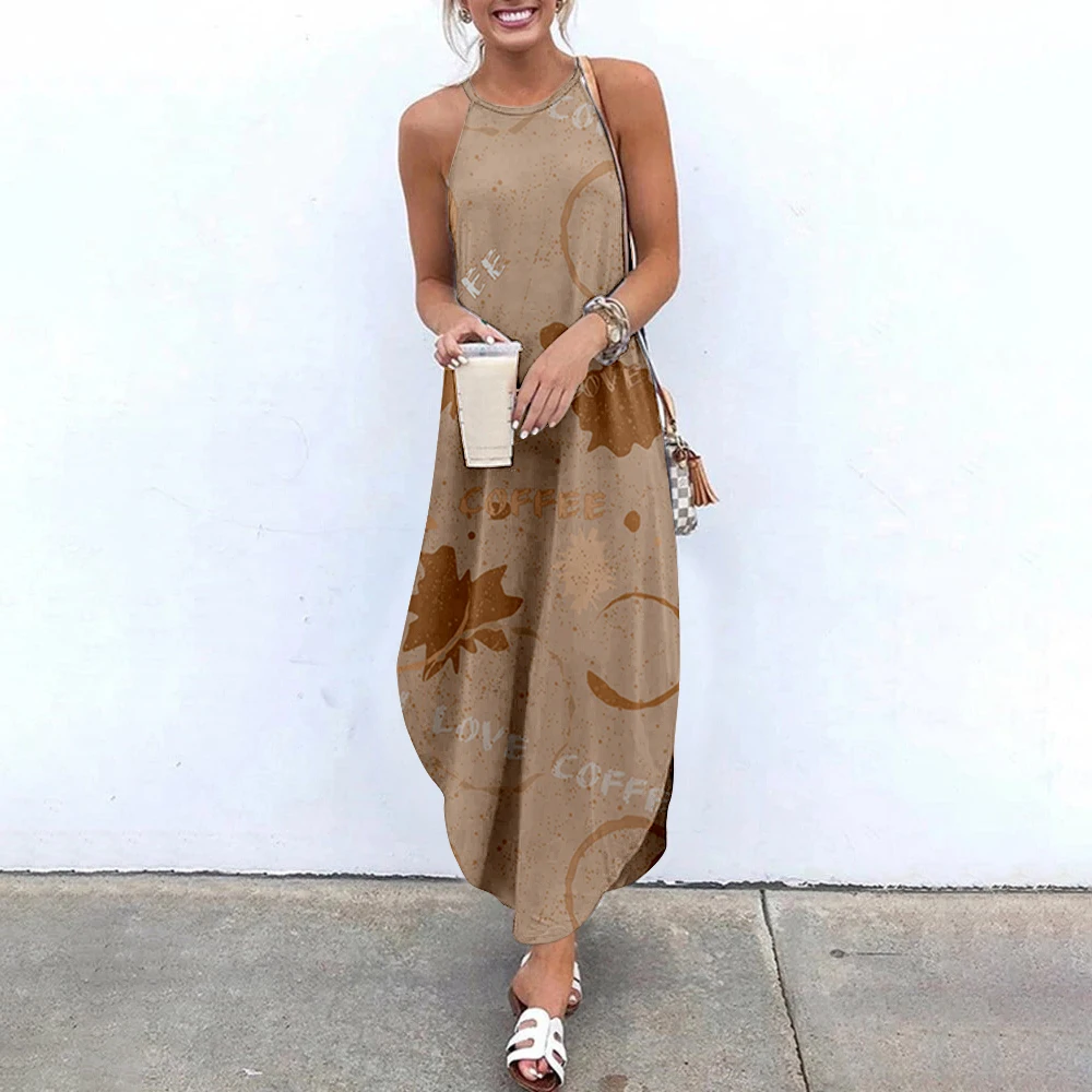 

Женские Макси-платья с принтом Cooffee, сексуальный сарафан без рукавов, женское повседневное летнее пляжное платье с лямкой на шее, длинные пл...