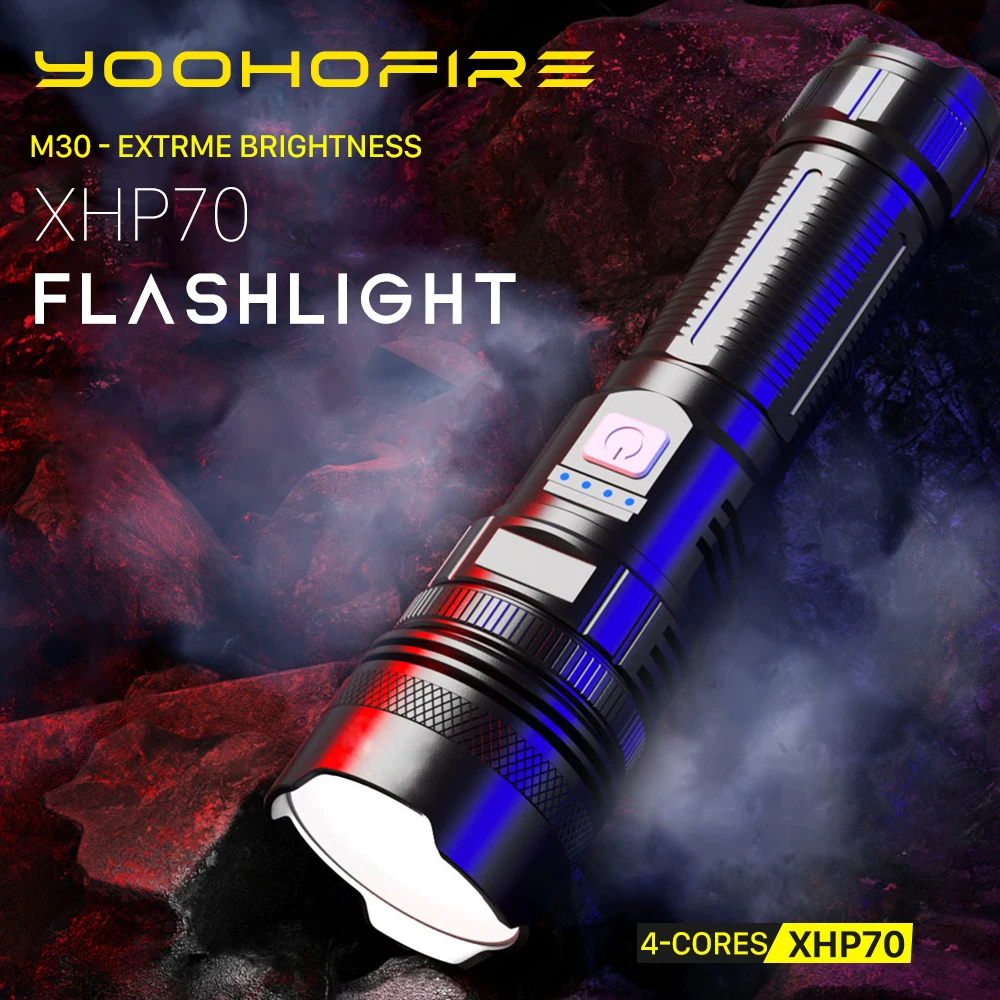 YOOHOFIRE M30 Super Bright LED Flashlight Torch Light Rechargeable Powerful Portable Lantern Camping Lamp for Hiking Fishing