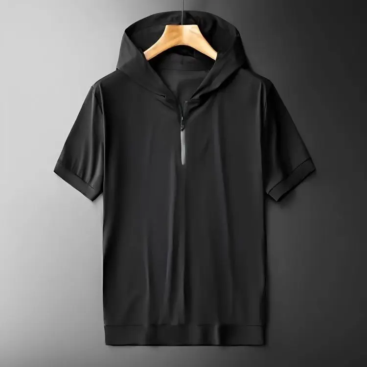 

2023 New Summer Ice Silk Short Sleeve Casual Sports T-shirt Men's Hooded Thin Sweater Loose Hoodie