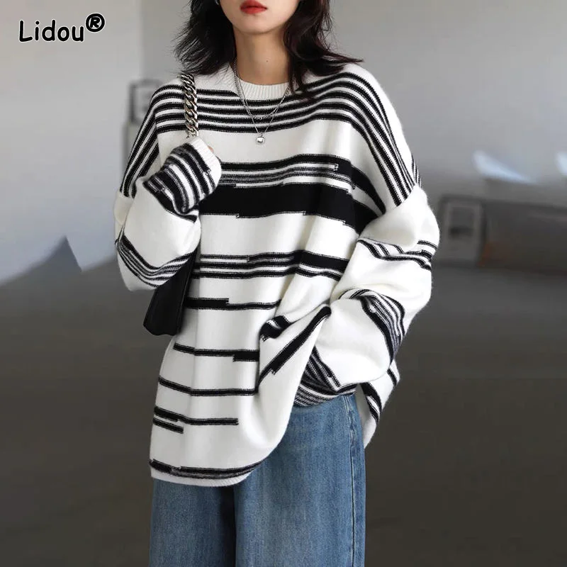 

Thick Stripe Street Casual Round Neck Plus Size Loose Neutral Hipster Autumn Winter Sweaters Pullovers Women's Clothing Classic