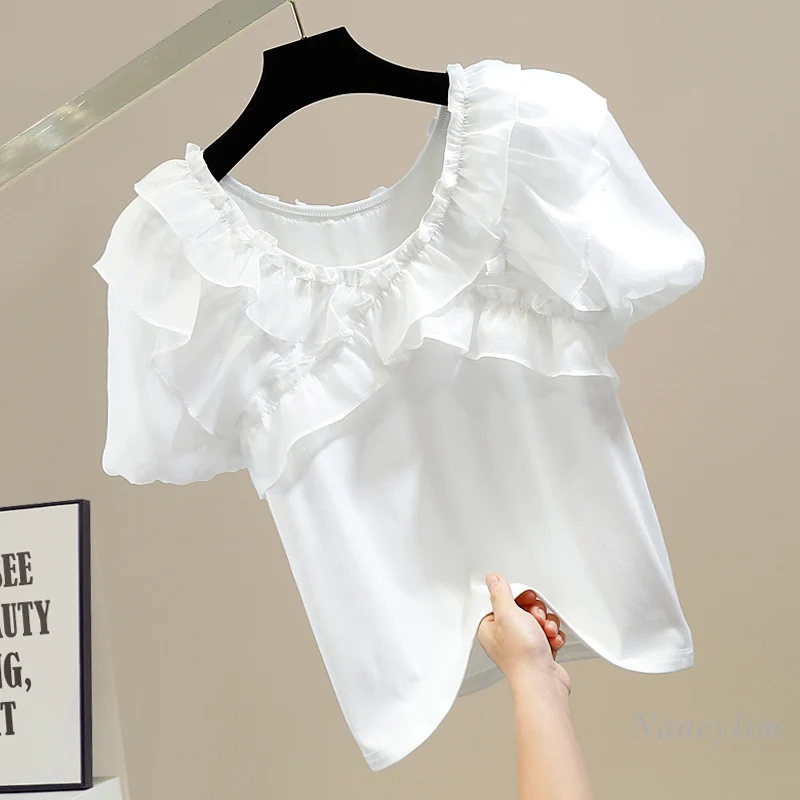 

Irregular Sweet Organza Stereo Ruffles Patchwork White T-Shirt Women Summer Retro Puff Short Sleeve Round Neck Pullover Tees Top