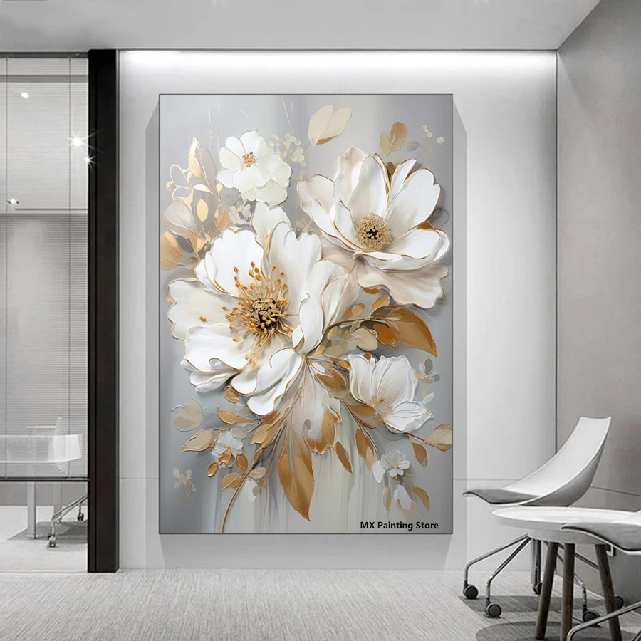 Абстрактная картина на холсте с белым цветком и сусальным золотом цветочные