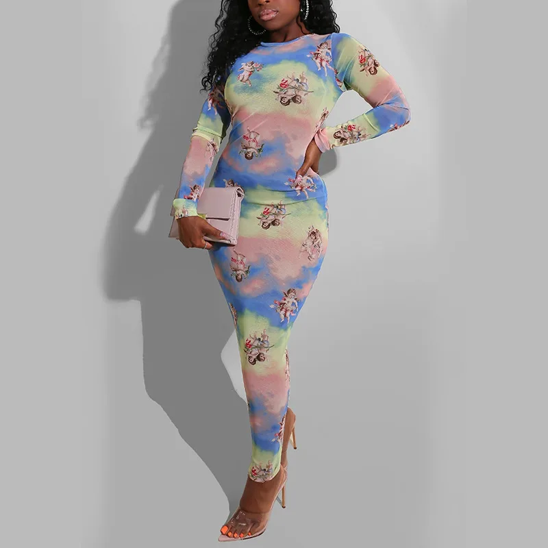 

2021 Fashion Women's Long Sleeve Straight Net Yarn Printed Mid-length Skirt Printed Pencil Sheath Slim Casual Party Club Dress