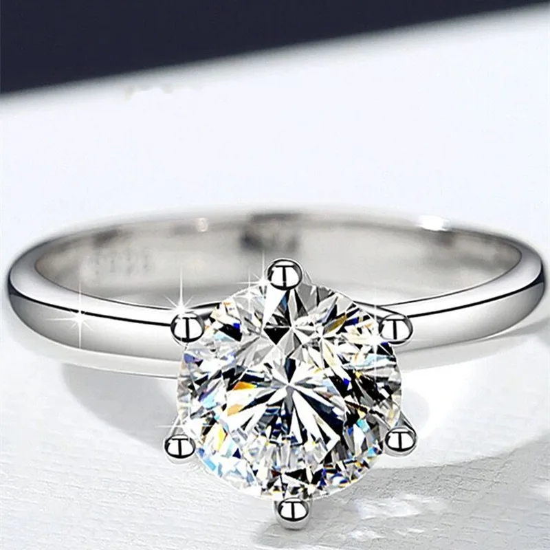 

Free Shipping Six Claw Crown Diamond Ring Women's Sterling Silver S925 Platinum Plated 1/1.5/2/3 Carat Wedding Colorless Jewelry