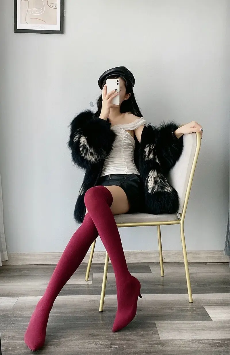 

2022 Knitting Sock Boots Women Smooth Solid Slim Pointed Toe Knee High Booties Female High Heels Autumn Casual Daily Shoes