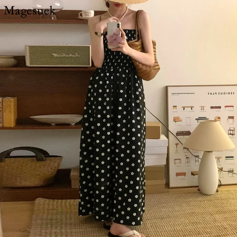 

Chic Holiday Beach Floral Women Sling Dress Summer Sleeveless A Line Print Long Dresses Female Elegant Casual Loose Dress 22427