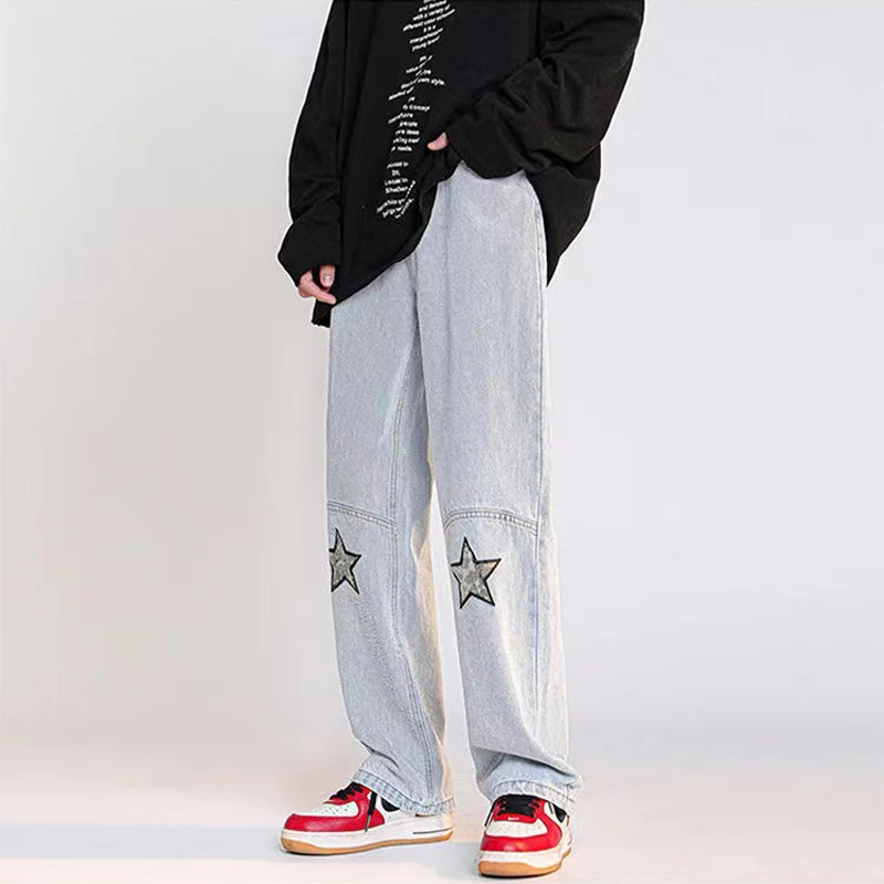 Men Jeans Loose Patchwork Design Embroidered Star Pattern Men and Women Hip Hop Y2k Pants Streetwear High Quality Workwear Jeans