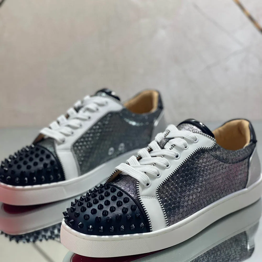 

Luxury Night Club Low Top Red Bottom For Men's Shoes Trainers Spiked Silver Snake Genuine Leather Rivets Toecap Flats Sneakers