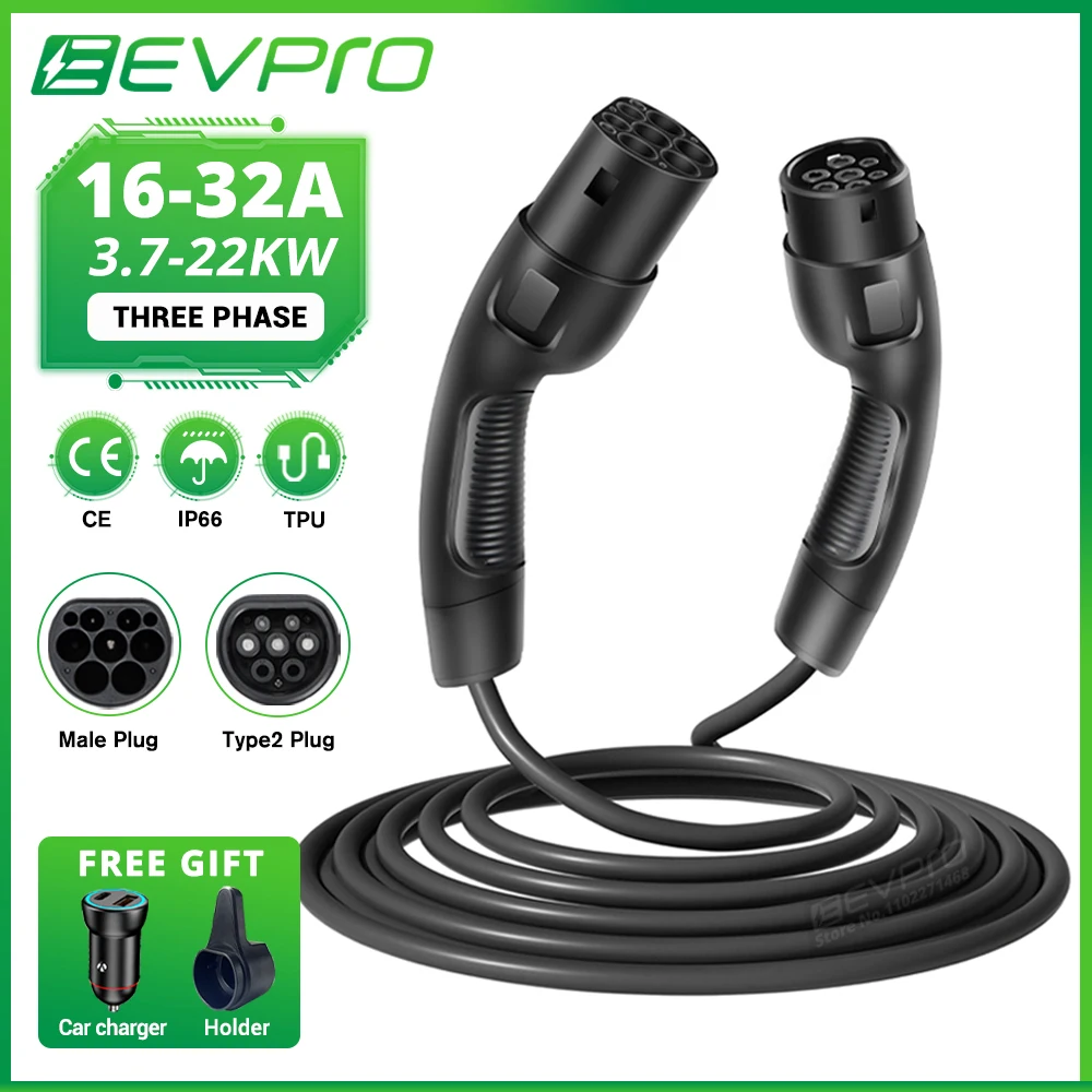 

EVPRO EV Car Charger Charging Cable 1 Phase Or 3 Phase Electric Vehicle 16A/32A Type 2 Female To Male IEC 62196 Plug Length 5M