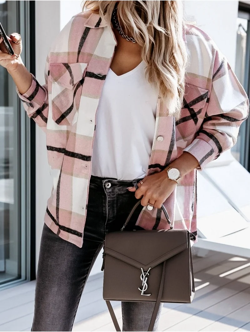 Women's Spring Autumn Long Sleeve Loose Plaid Suit Jacket 2021 Office Lady Work Wears Female Casual Patchwork Streetwears Pink